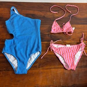 Snapper Rock Girls Swimwear Bundle Cutout One Piece, Striped Bikini Size 12